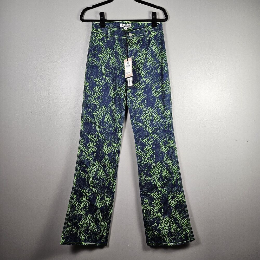 Tiger Mist I.AM.GIA Tali Tiger‎ Denim Flare Pant Blue & Green Print NWT LARGE